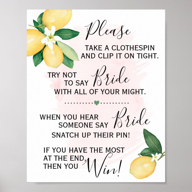 Poster Pince à linge Jeu de Baby Shower Citrons Rose (Devant)