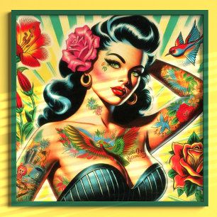 Poster Pinceau de tatouage rétro Old School