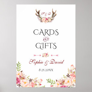 Poster Pinceau rose Floral Antlers Cartes de Mariage & Ca