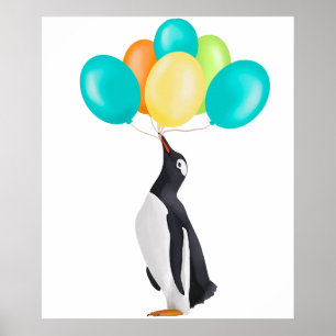 Poster Pingouin Avec Ballons Colorés