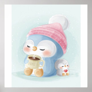 Poster Pingouin de dessin| Pingouin mignon avec neige
