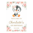 Pingouin rose flou 1er anniversaire Bienvenue