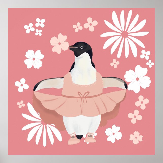 Poster Pingouin Whimsical Ballerina Avec Fleurs Roses (Devant)