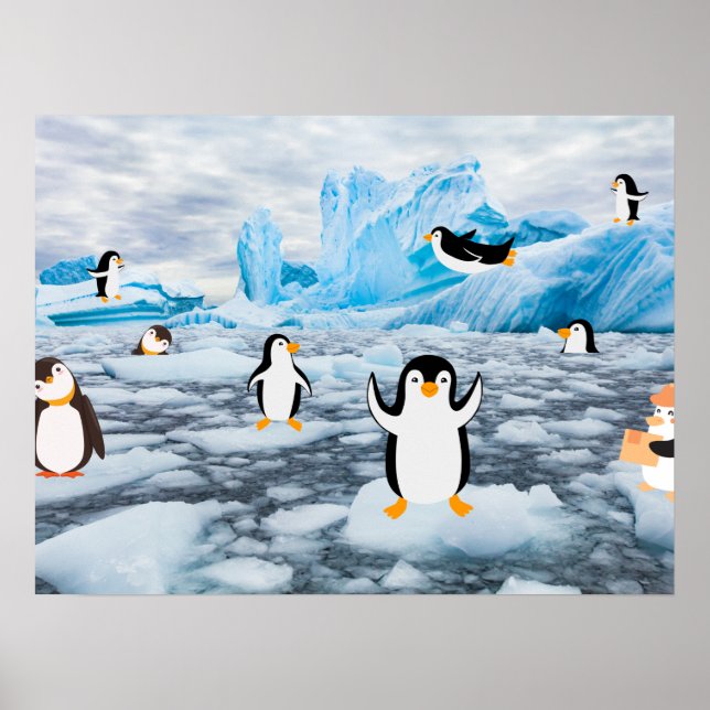 Poster pingouins mignons dans la glace de l'Antarctique (Devant)