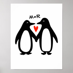 Poster Pingouins tenant les mains mignonnes Couple Initia