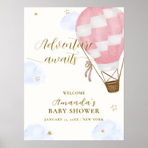 Poster Pink Adventure Hot Air Balloon Baby shower Bienven