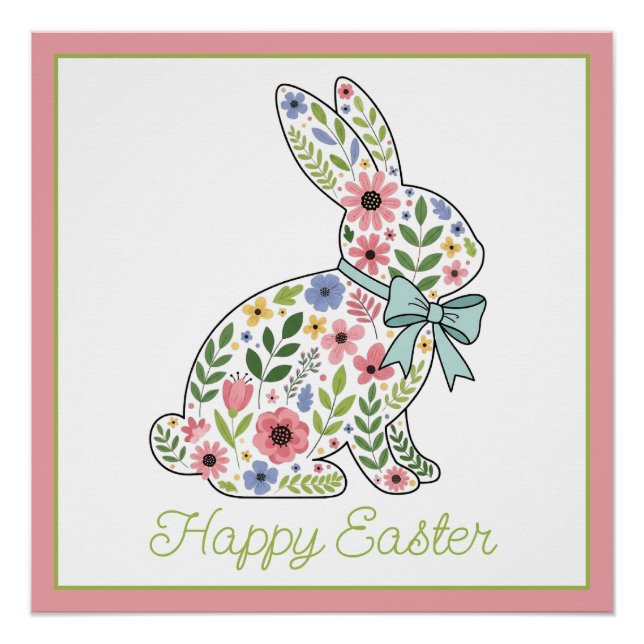 Poster Pink and Blue Wildflower Easter Rabbit (Devant)
