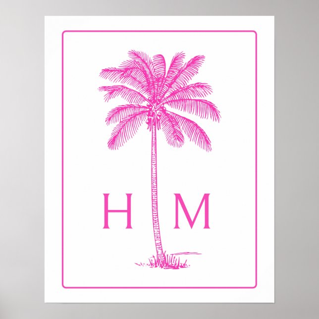 Poster Pink and White Palm Palmetto Tree Monogram (Devant)