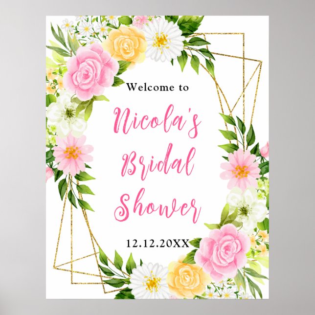 Poster Pink and Yellow Flower Bridal Shower Welcome (Devant)