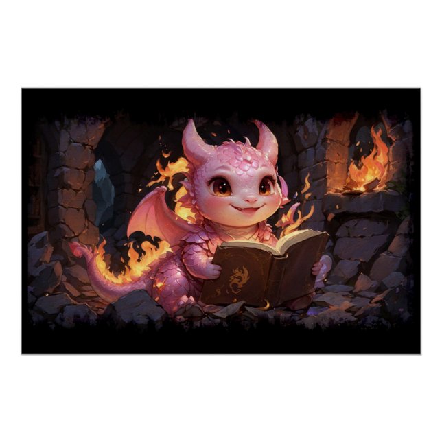 Poster Pink Baby Dragon lit un livre (Devant)
