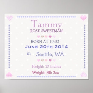Poster Pink Baby Girl personalized date of birth print