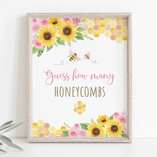 Poster Pink Bee Sunflower Anniversaire Devinez Combien De (Créateur téléchargé)