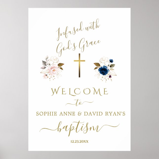 Poster Pink Blue Flowers Gold Twins Baptême de bienvenue (Devant)