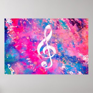 Poster Pink Blue Watercolor Paint Music Note Treble Clef
