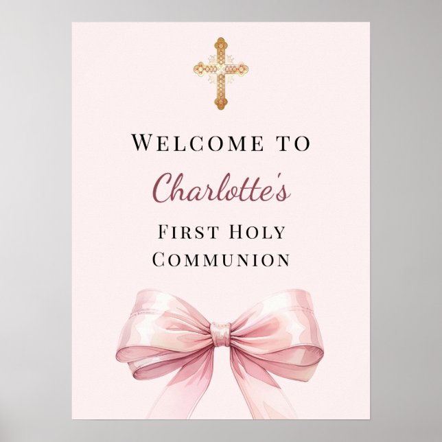 Poster Pink blush bow First Holy Communion welcome (Devant)