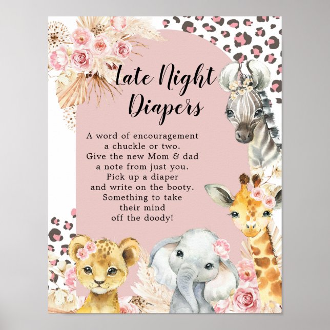 Poster Pink Boho Safari Party Animaux couche tard la nuit (Devant)