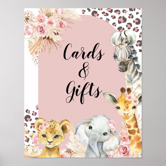Poster Pink Boho Safari Party Animaux Fille Cartes & Cade (Devant)
