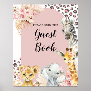 Poster Pink Boho Safari Party Animaux Girl Livre d'invité
