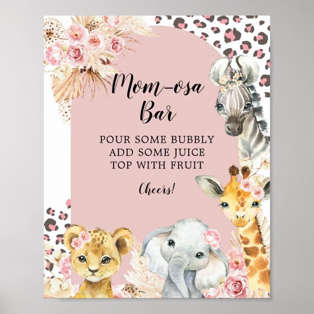 Poster Pink Boho Safari Party Animaux Girl Mom-osa Bar (Devant)