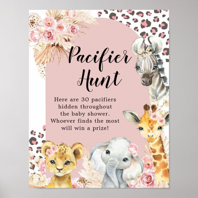 Poster Pink Boho Safari Party Animaux Girl Pacifier chass (Devant)