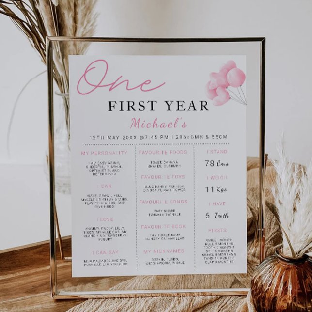 Poster Pink Bow 1er Birthday Jalon Board (Pink Bow 1st Birthday Milestone Board Poster)