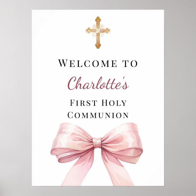Poster Pink bow First Holy Communion welcome (Devant)