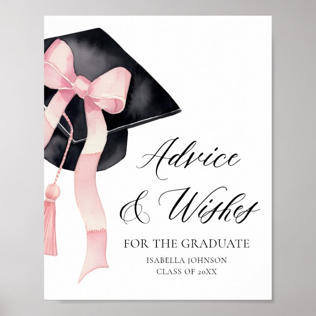 Poster Pink Bow Grad Party Graduation Conseils et souhait (Devant)