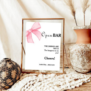 Poster Pink Bow Open Bar Mariage Boissons Bar Signer