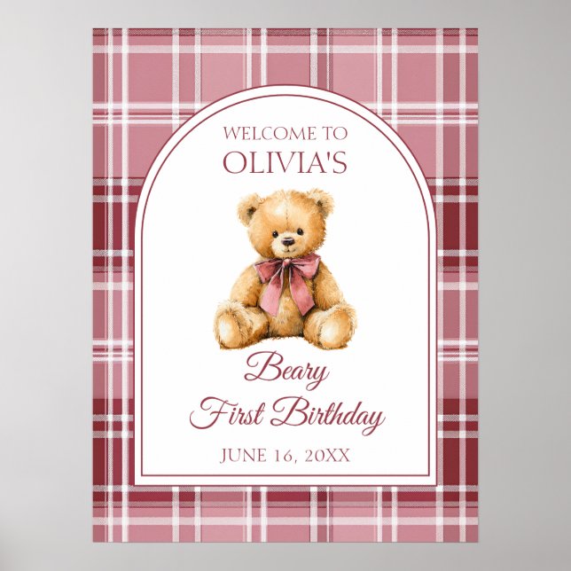 Poster Pink Bow Teddy Bear Birthday Welcome Sign (Devant)