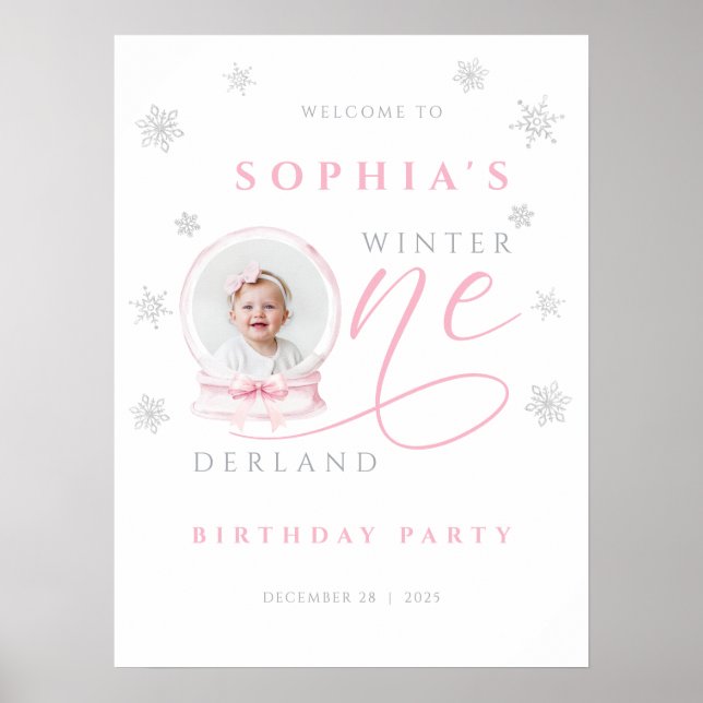 Poster Pink Bow Winter First Birthday Welcome Sign (Devant)