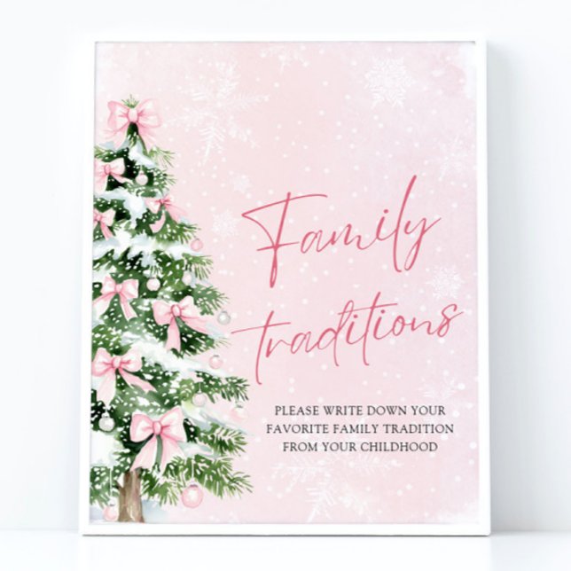 Poster Pink Bows Arbre de Noël Traditions familiales Jeu (Pink Bows Christmas Tree Family Traditions Game Sign)