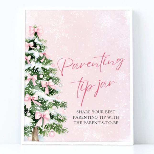Poster Pink Bows Christmas Tree Parenting Astuce Jeu Jar (Pink Bows Christmas Tree Parenting Tip Jar Game Sign)