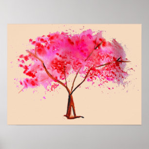 Poster Pink Cherry Blossom tree watercolor