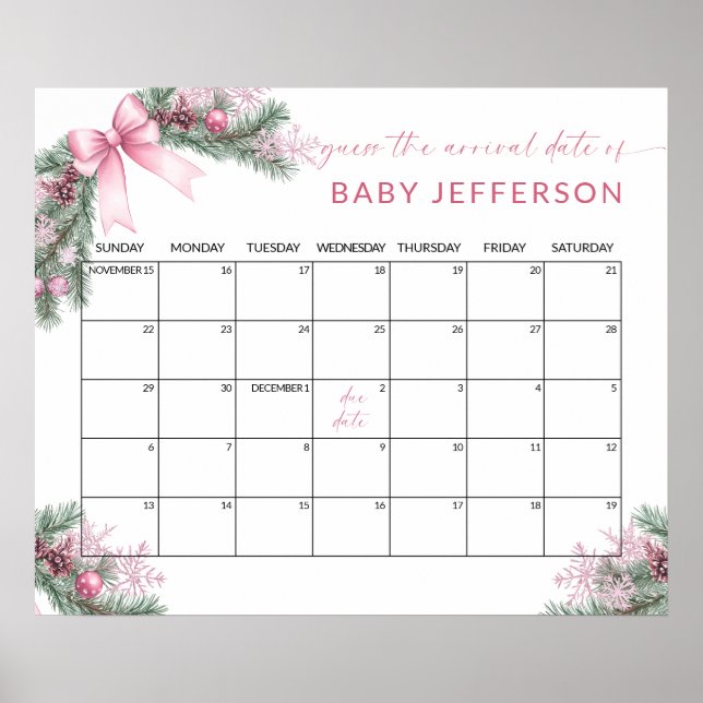 Poster Pink Christmas Baby Shower Guess Due Date Calendar (Devant)