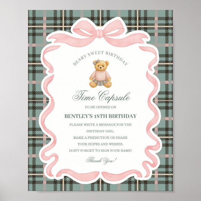 Poster Pink Coquette Bow Bear Birthday Time Capsule (Devant)