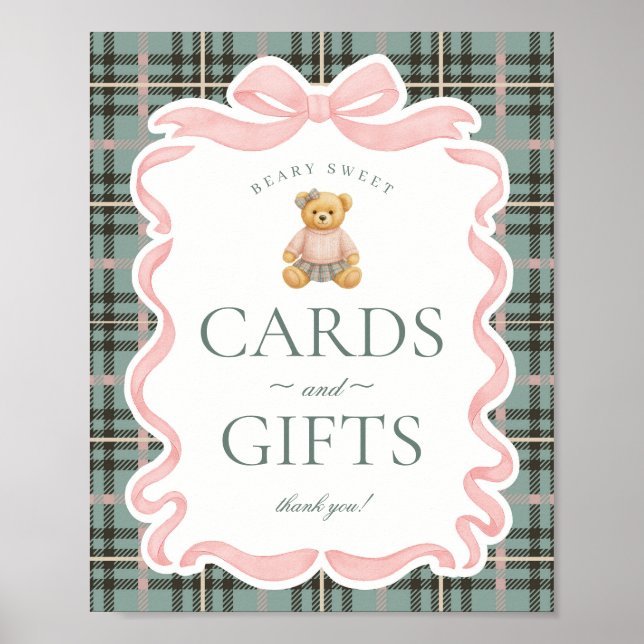Poster Pink Coquette Bow Bear Plaid Cards & Gifts (Devant)