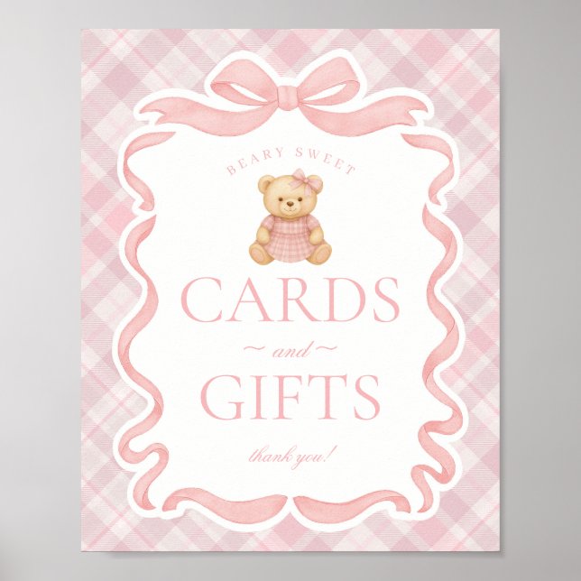 Poster Pink Coquette Bow Bear Plaid Cards & Gifts (Devant)
