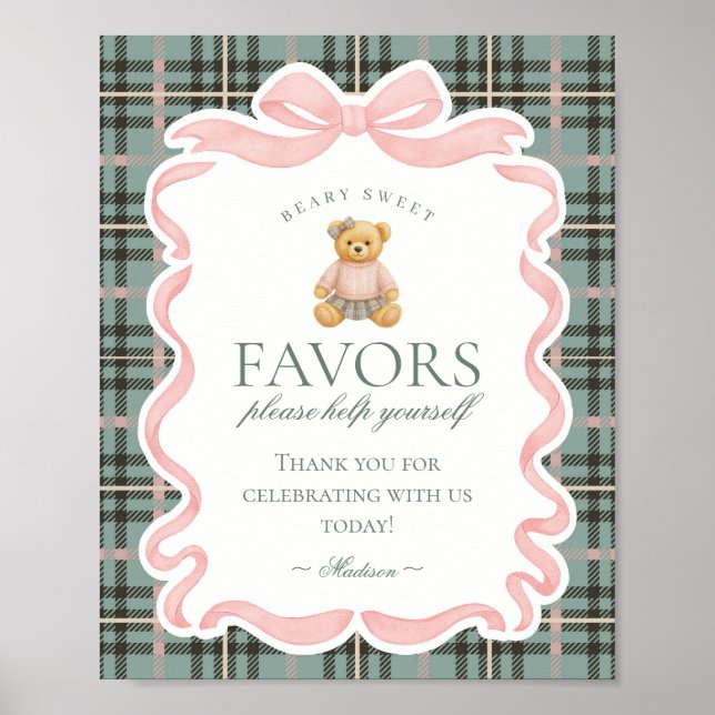 Poster Pink Coquette Bow Bear Plaid Party Favors Sign (Devant)