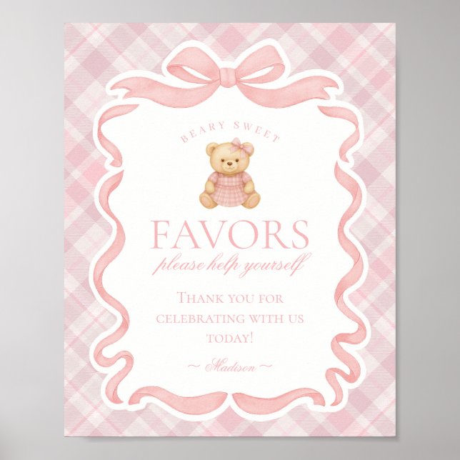Poster Pink Coquette Bow Bear Plaid Party Favors Sign (Devant)