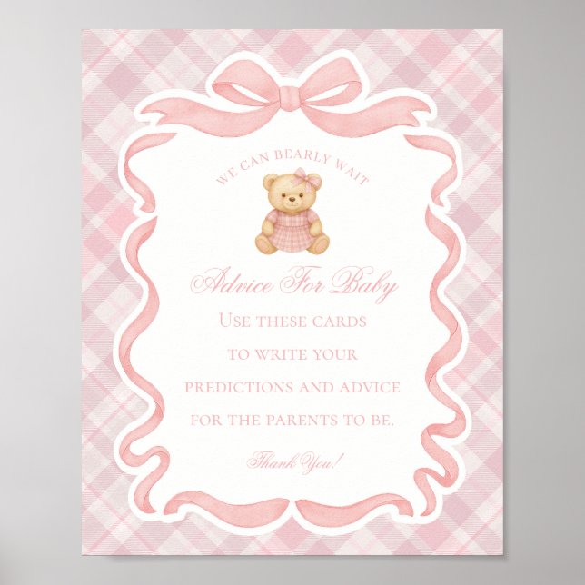 Poster Pink Coquette Bow Bear Shower Advice for Baby (Devant)