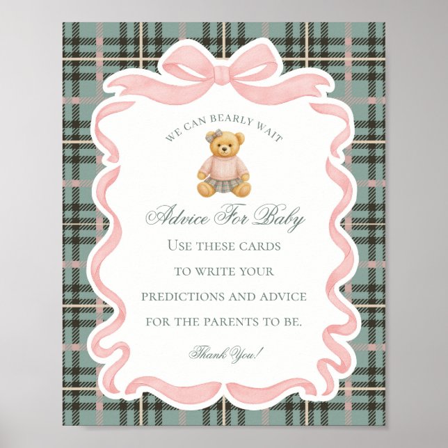 Poster Pink Coquette Bow Bear Shower Advice for Baby (Devant)