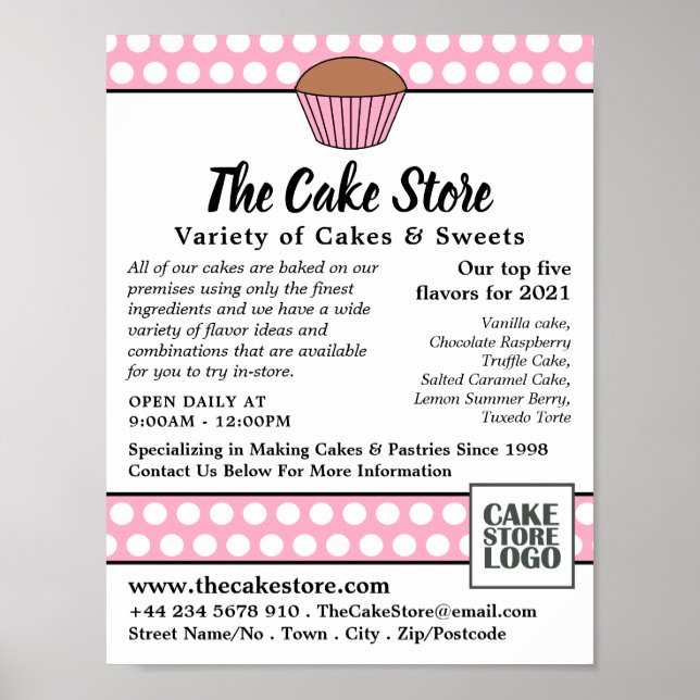 Poster Pink Cupcake & Polka Dot, Boutique de gâteaux Publ (Devant)