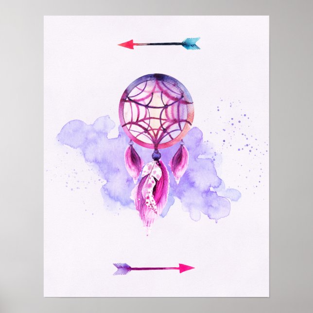 Poster Pink Dreamcatcher On Purple Watercolor (Devant)