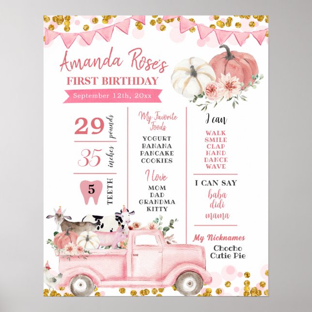 Poster Pink Farm Citrouille Camion Voyage d'anniversaire (Devant)