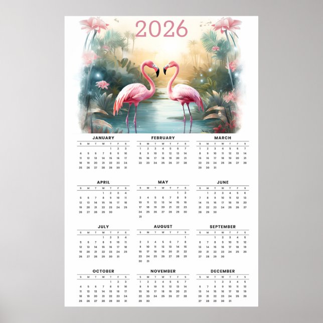 Poster Pink Flamingos in Paradise: 2026 Wall Calendar (Devant)