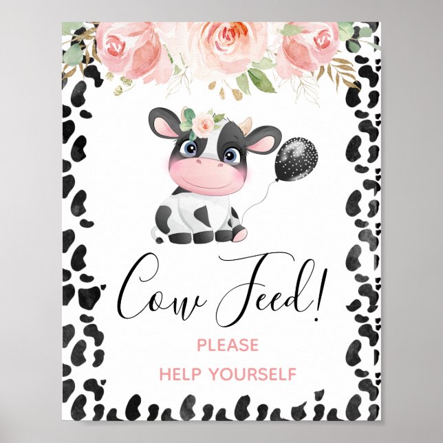 Poster Pink Floral Cow Imprimer Signal de fête d'annivers (Devant)