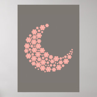 Poster Pink Floral Crescent Moon on Dark Background – Rom