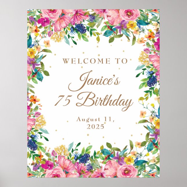 Poster Pink Floral Gold Glitter 75th Birthday Welcome  (Devant)