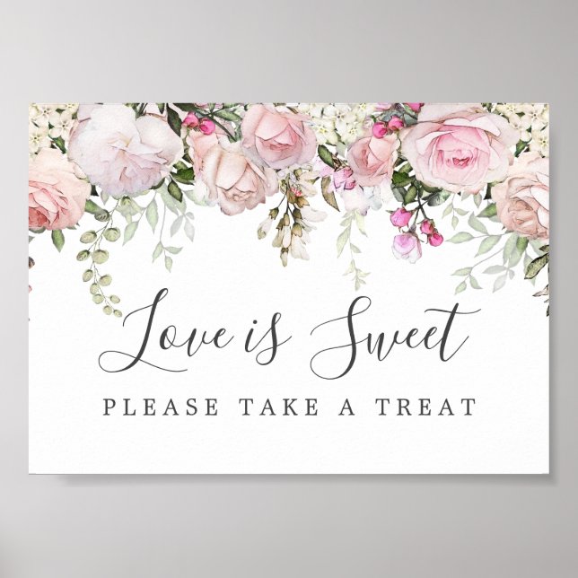 Poster Pink Floral Love is Sweet Mariage Dessert Bar Sign (Devant)