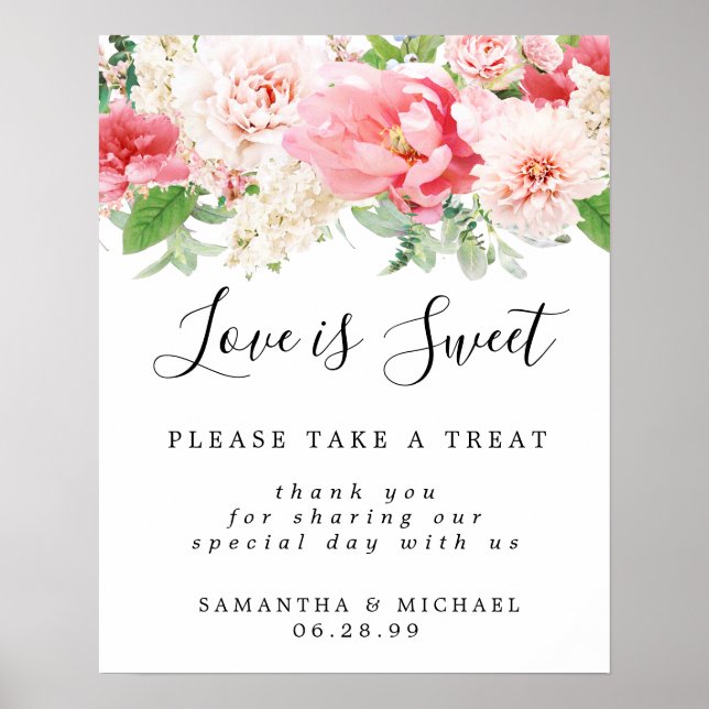 Poster Pink Floral Love is Sweet Mariage Dessert Bar Sign (Devant)